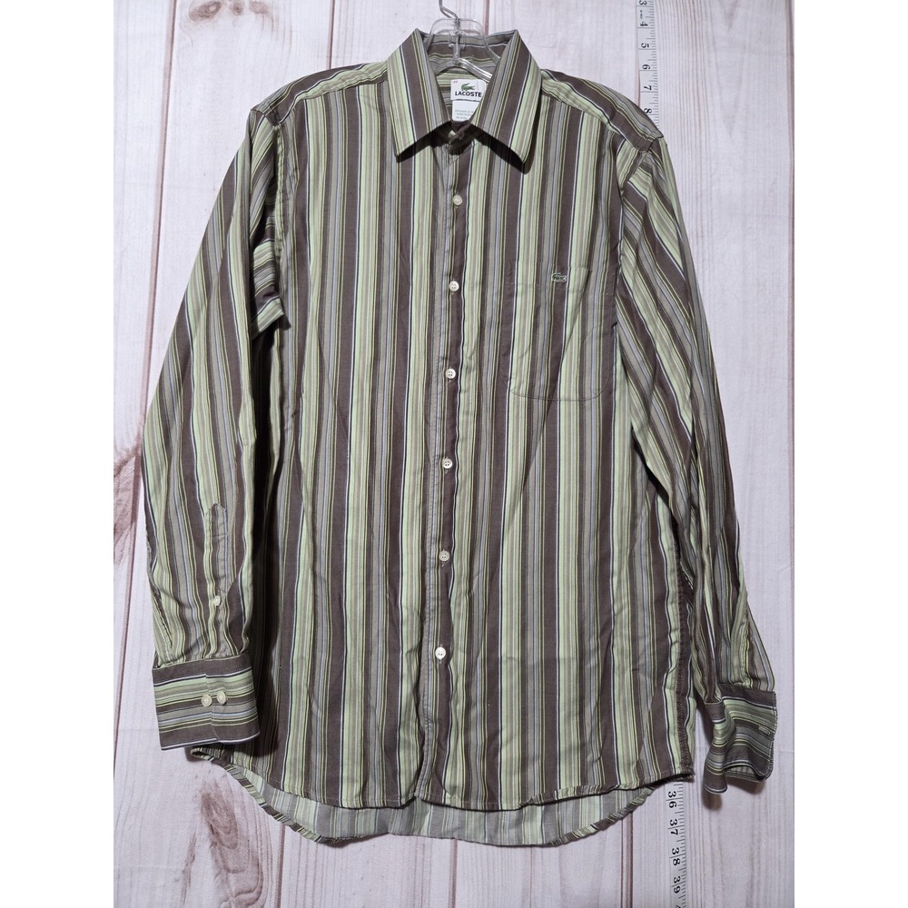 Lacoste Shirt Mens Medium Brown‎ Green Striped Button Down Long Sleeve Croc Logo